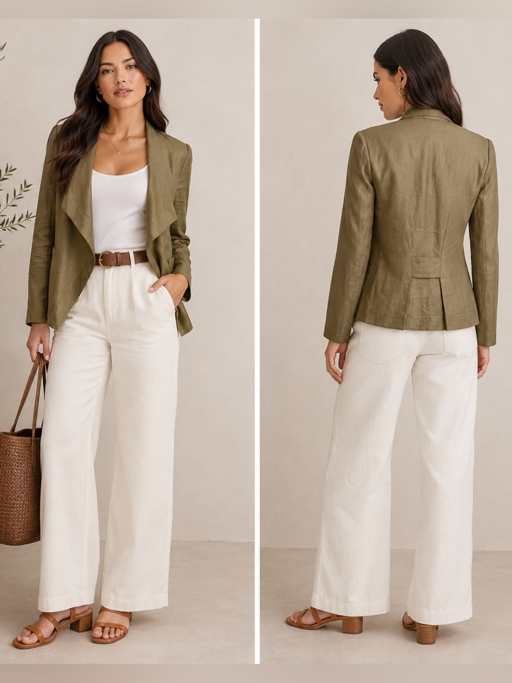 Diane Von Furstenberg Linen Blend Waterfall Open Front Blazer Olive Taupe Size 0